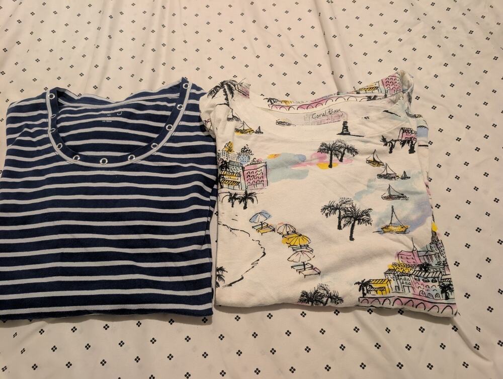 Coral Bay XL White Multicolor Tropical Artwork & Blue & white Striped Lot of 2